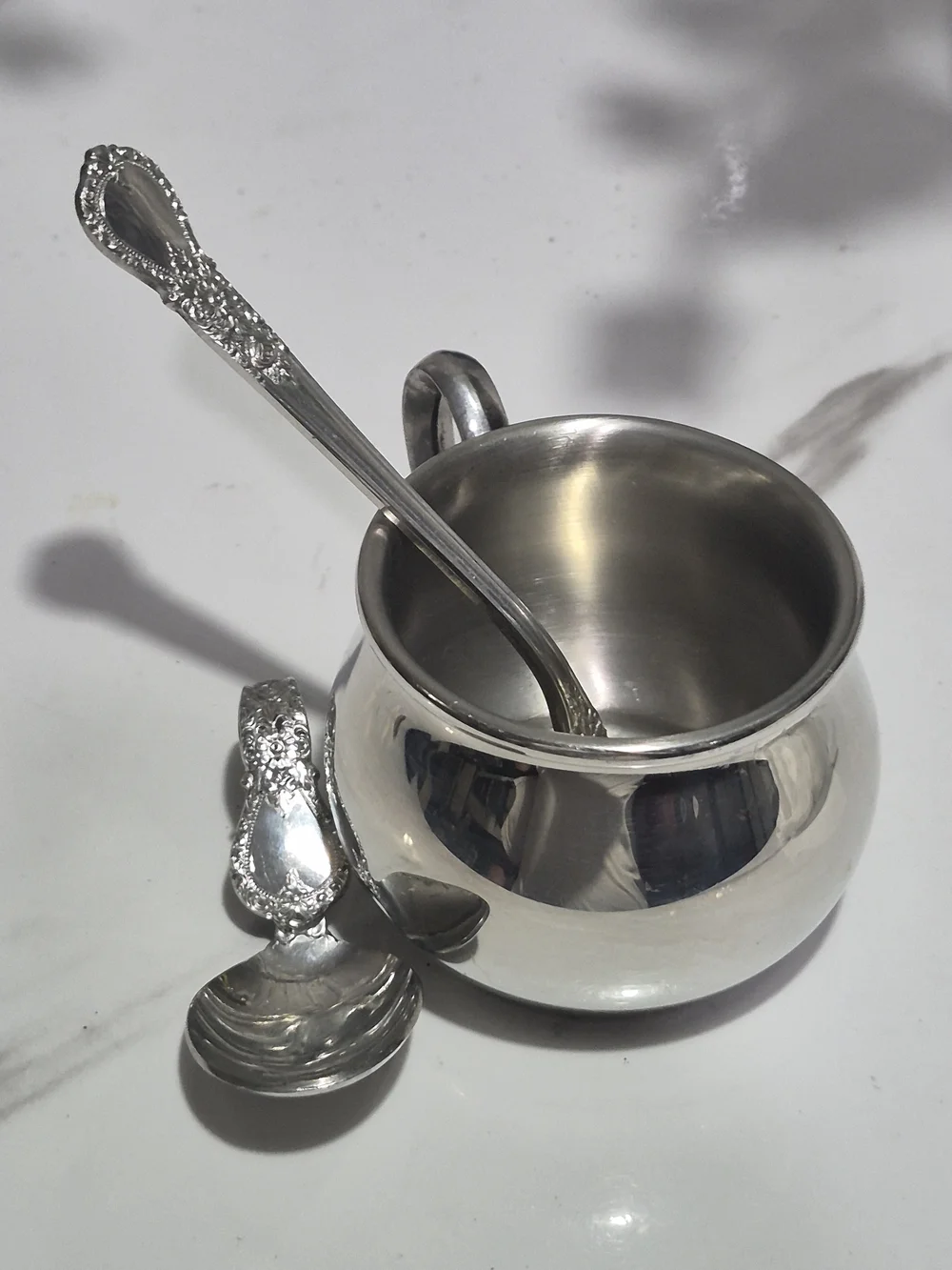Vintage Web Pewter 1172 Polished Baby Cup and 2 Spoons .